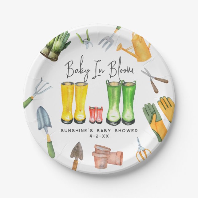 Baby In Bloom Red Rain Boots Gardening Baby Shower Paper Plates (Front)
