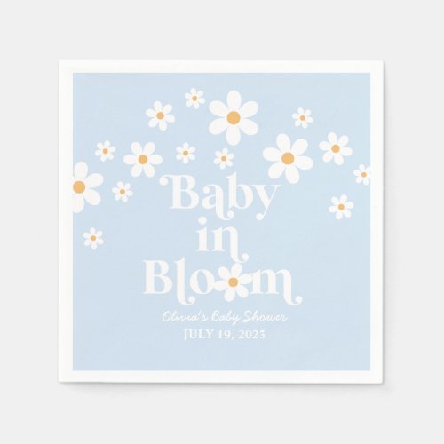 Baby in Bloom Retro Daisy blue boho Baby Shower Napkins