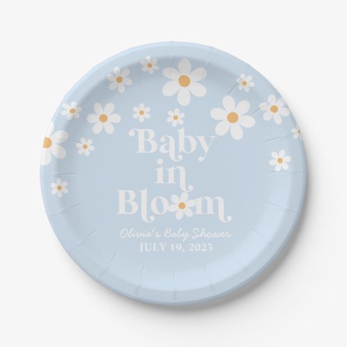 Baby in Bloom Retro Daisy blue boho Baby Shower Paper Plates