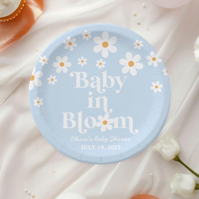 Baby in Bloom! Retro Daisy blue boho Baby Shower Paper Plates (Creator Uploaded)