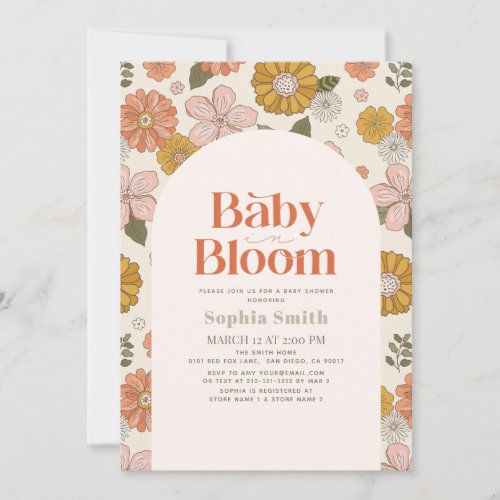 Baby in Bloom Retro Floral Arch Orange Baby Shower Invitation