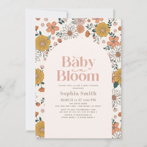 Baby in Bloom Retro Floral Arch Pink Baby Shower Invitation