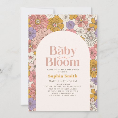 Baby in Bloom Retro Floral Arch Purple Baby Shower Invitation