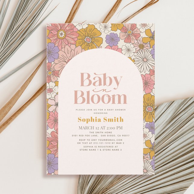 Baby in Bloom Retro Floral Arch Purple Baby Shower Invitation (Creator Uploaded)