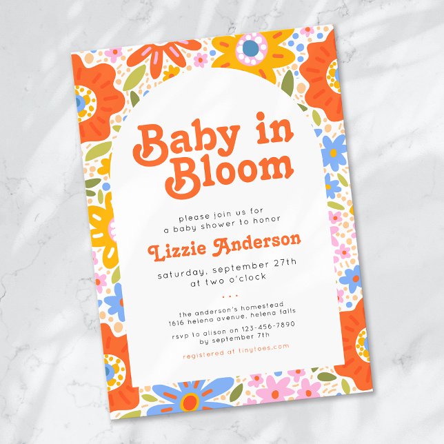Baby in Bloom Retro Groovy Wildflowers Baby Shower Invitation (Creator Uploaded)