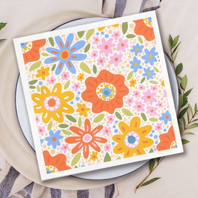Baby in Bloom Retro Groovy Wildflowers Baby Shower Napkins (Creator Uploaded)