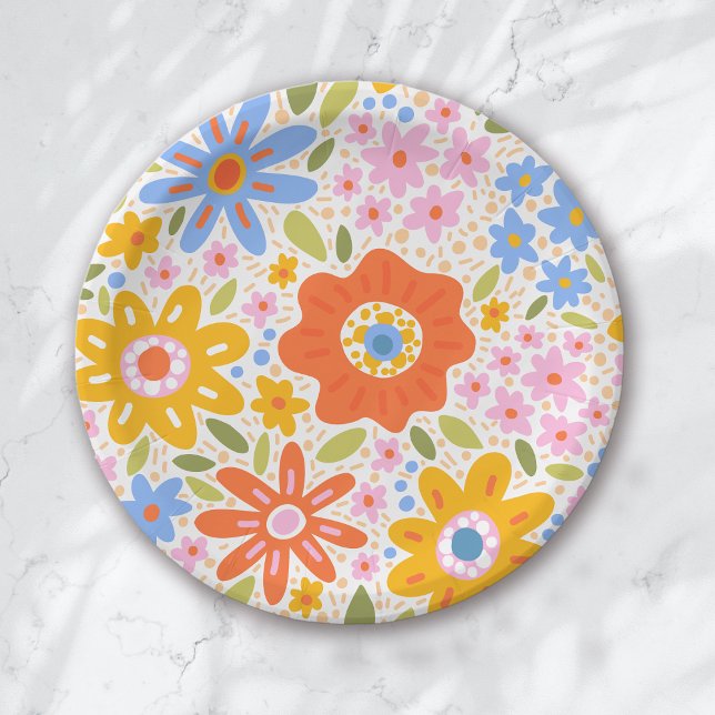 Baby in Bloom Retro Groovy Wildflowers Baby Shower Paper Plates (Creator Uploaded)