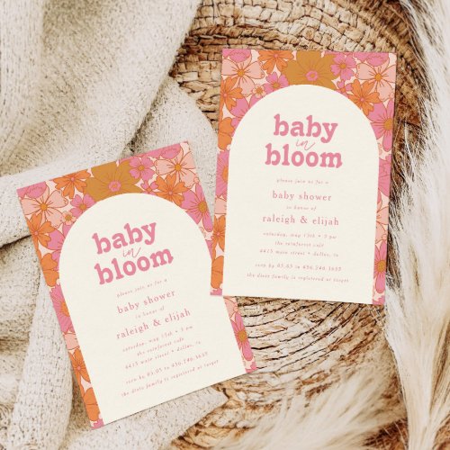 Baby in Bloom Retro Pink Floral Arch  Invitation