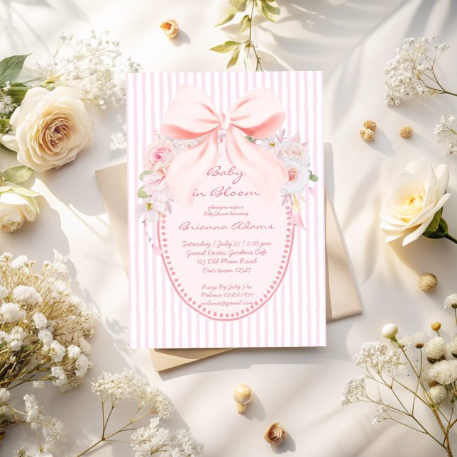 Baby in bloom retro preppy bow baby shower invitation (Baby in bloom retro pink stripes preppy bow girls baby shower invitation cards template)