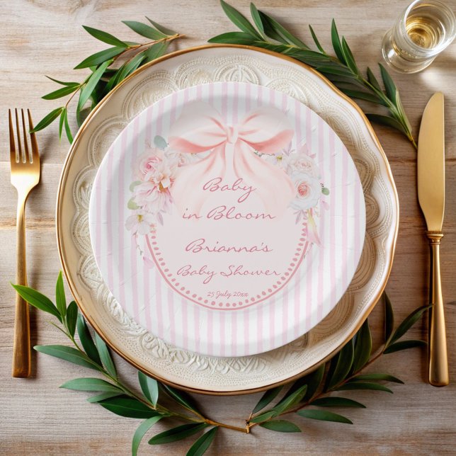 Baby in bloom retro preppy bow baby shower paper plates (Baby in bloom preppy bow vintage pink stripes baby shower printed paper plates personalized decor)