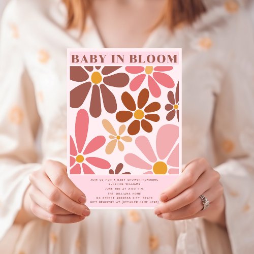 Baby In Bloom Retro Vintage Terracotta Pink Floral Invitation