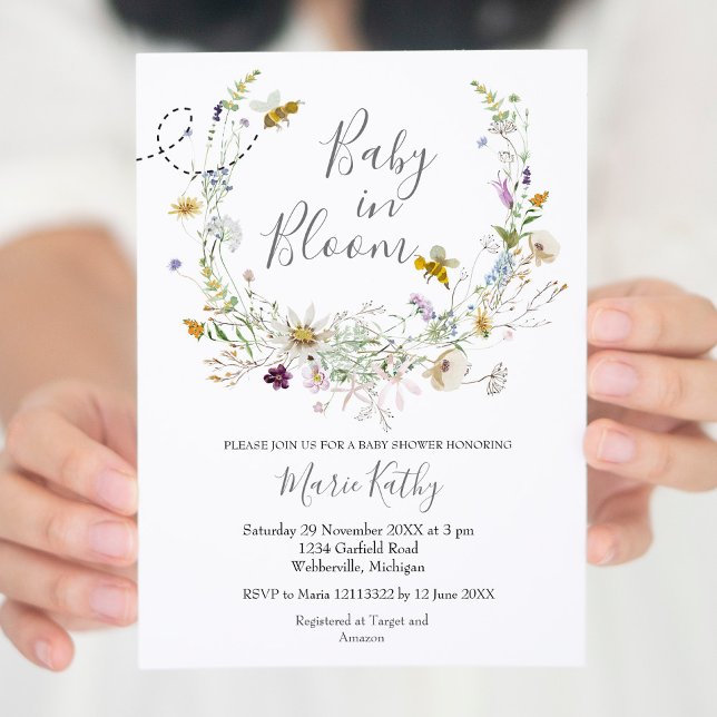 Baby in Bloom Rustic Bee Wildflower Invitation (Creator Uploaded)