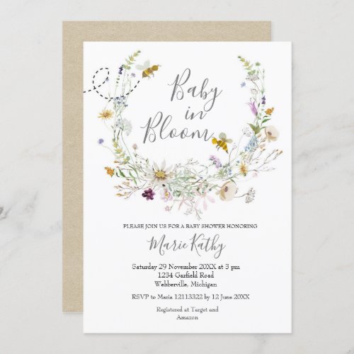 Baby in Bloom Rustic Bee Wildflower Invitation