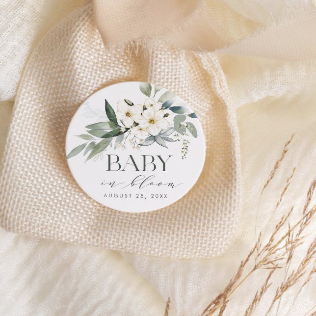 BABY IN BLOOM Rustic Elegant Baby Shower Classic Round Sticker (Creator Uploaded)