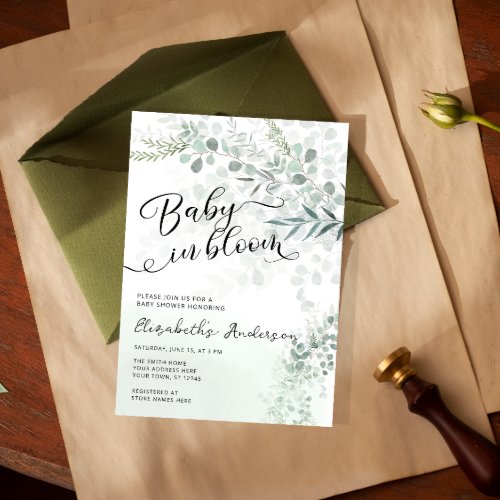 Baby in Bloom Sage Green Baby Shower Invitation