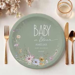 Baby In Bloom Sage Green Floral Baby Shower Paper Plates