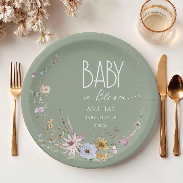 Baby In Bloom Sage Green Floral Baby Shower Paper Plates (Creator Uploaded)