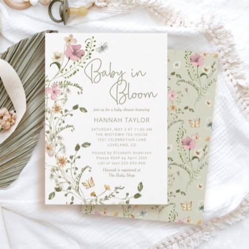 Baby in Bloom Sage Green Floral Girl Baby Shower Invitation
