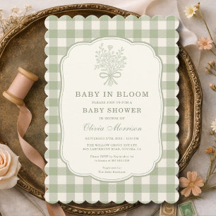 Baby in Bloom Sage Green Gingham Baby Shower Invitation