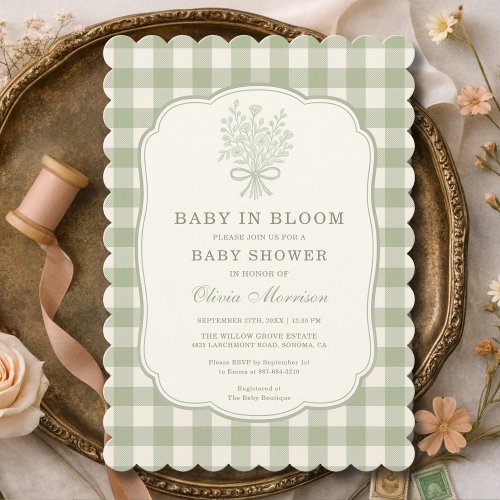 Wildflower Sage green Gingham or plaid baby shower invitation
