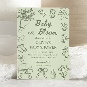 Baby in Bloom Sage Green Hand Drawn Baby Shower Invitation