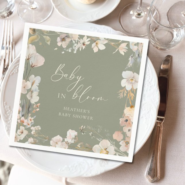 Baby In Bloom Sage Green Wildflower Baby Shower Napkins (Creator Uploaded)