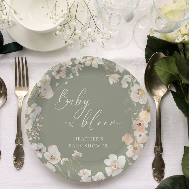 Baby In Bloom Sage Green Wildflower Baby Shower Paper Plates (Creator Uploaded)