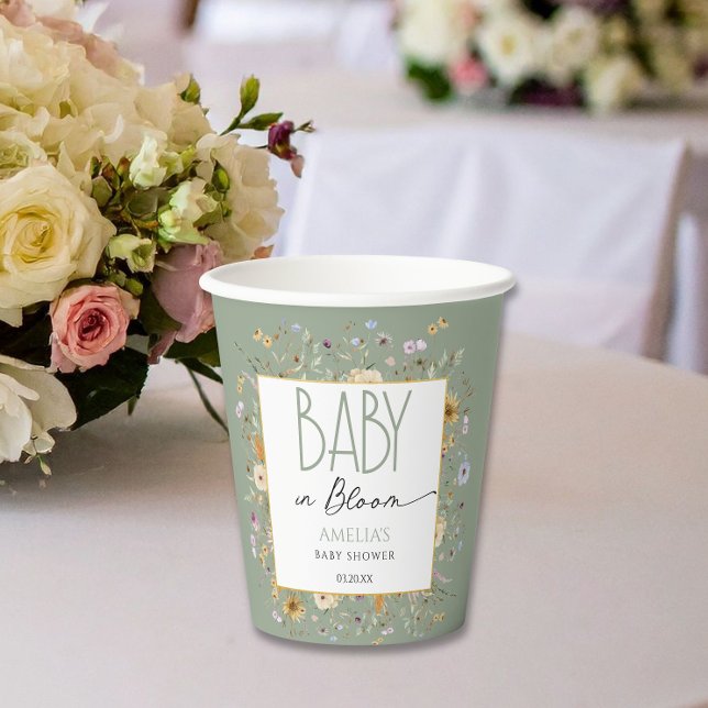 Baby In Bloom Sage Green Wildflower Floral Paper Cups (Creator Uploaded)