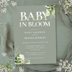 Baby In Bloom Sage Greenery Floral Baby Shower Invitation