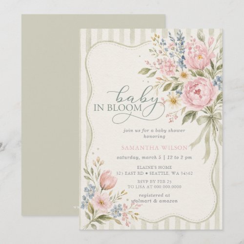 Baby in Bloom Sage Pink Floral Girl Baby Shower Invitation