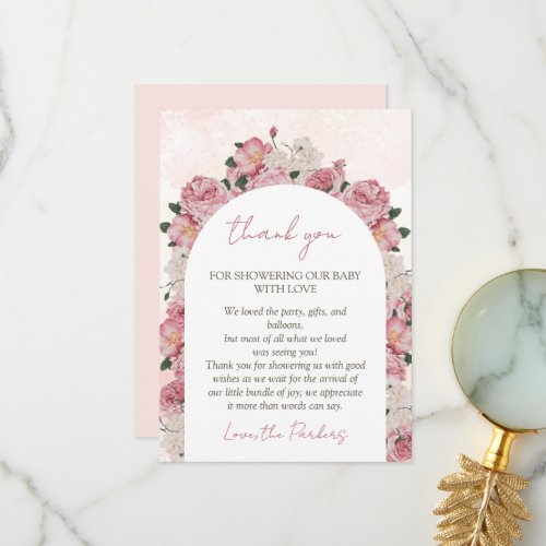 Baby in Bloom Script Pink Floral Baby Girl Shower Thank You Card