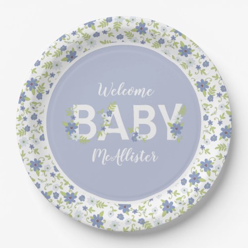 Baby in Bloom Shower Blue Vintage Flowers Boy Paper Plates