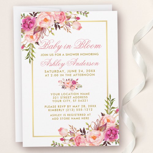 Baby In Bloom Shower Gold Pink Blush Floral  Invitation