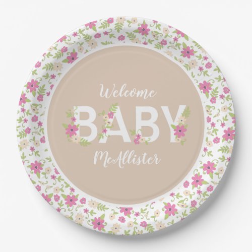 Baby in Bloom Shower Pink Vintage Flowers Girl Paper Plates