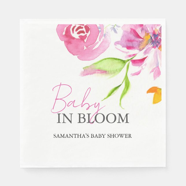 Baby In Bloom Shower Watercolor Flowers Napkins (Front)
