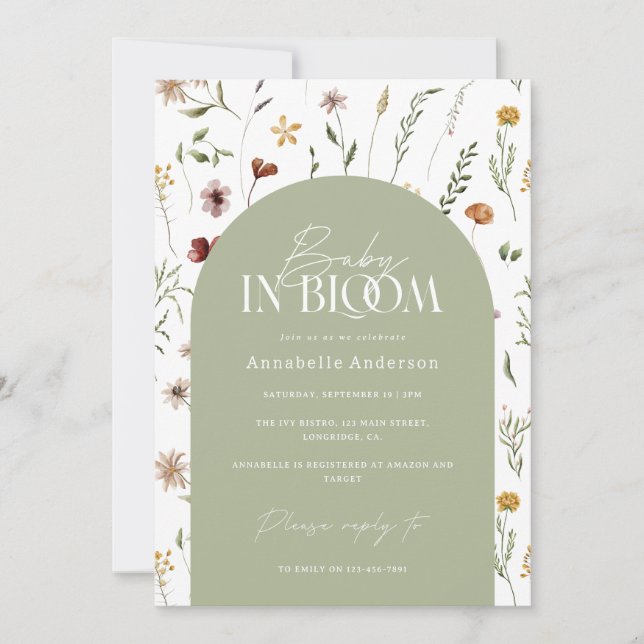 Baby in bloom shower wildflower sage green arch invitation (Front)