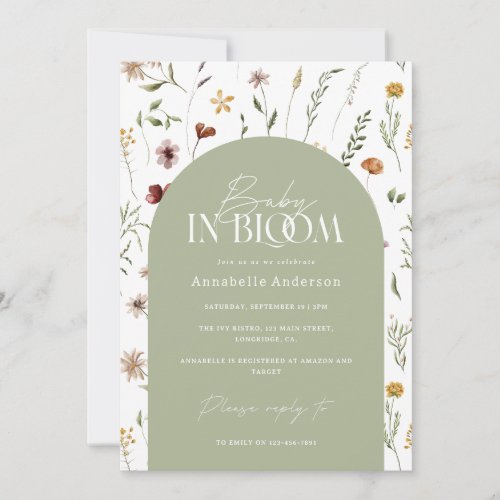 Baby in bloom shower wildflower sage green arch invitation
