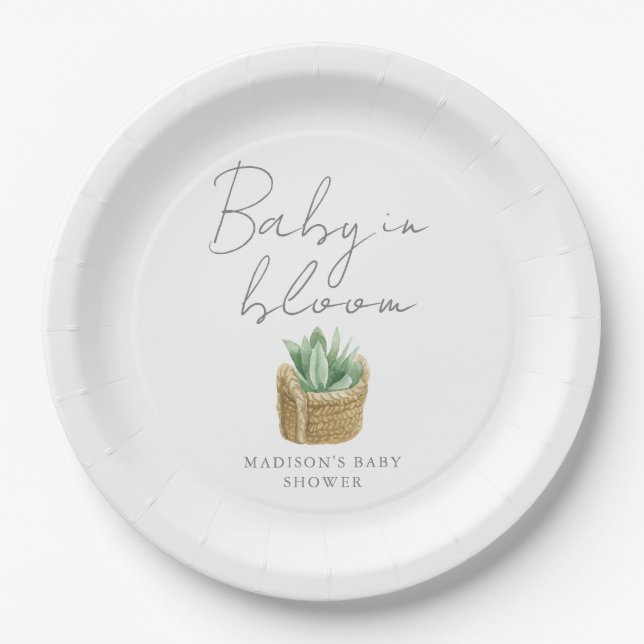 Baby in Bloom Simple Succulent Baby Shower Paper Plates (Front)