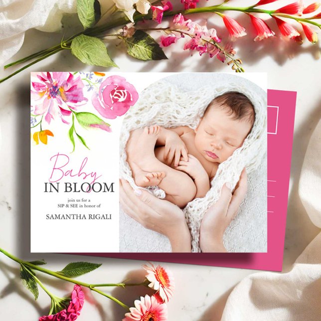 Baby in Bloom Sip and See Invitation (Sip and see baby shower invitations postcard watercolor floral art by Victoria Grigaliunas photo)