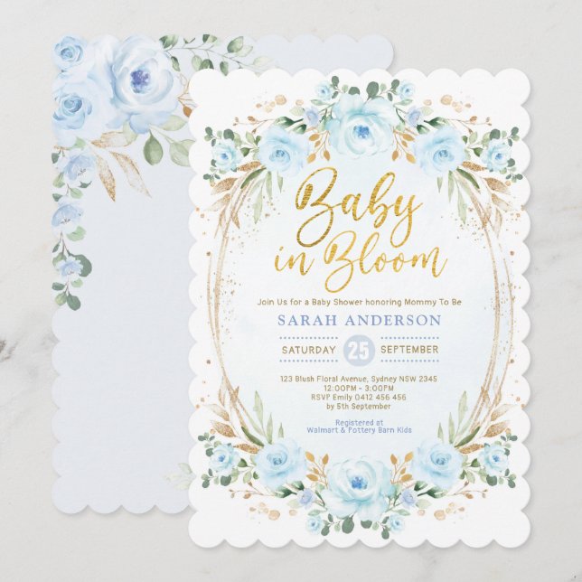 Baby in Bloom Soft Blue Gold Floral Boy Shower Invitation (Front/Back)