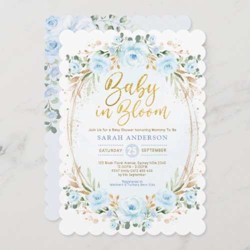 Baby in Bloom Soft Blue Gold Floral Boy Shower Invitation