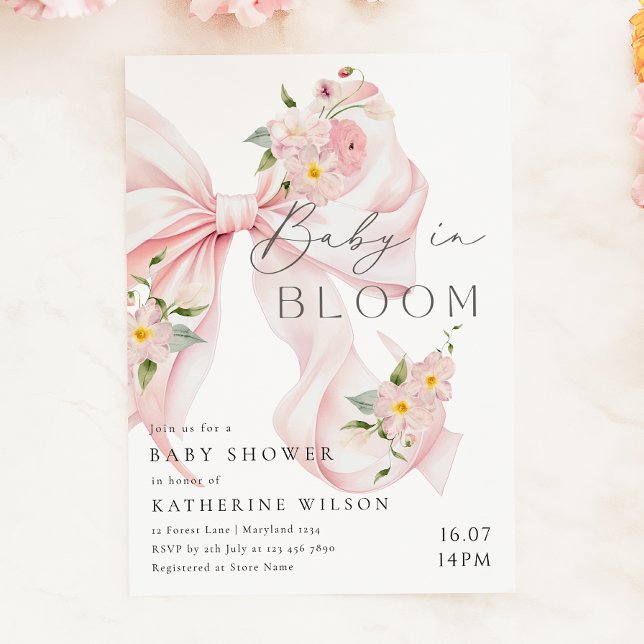 Baby In Bloom Soft Pink Bow Baby Shower Invitation (Creator Uploaded)