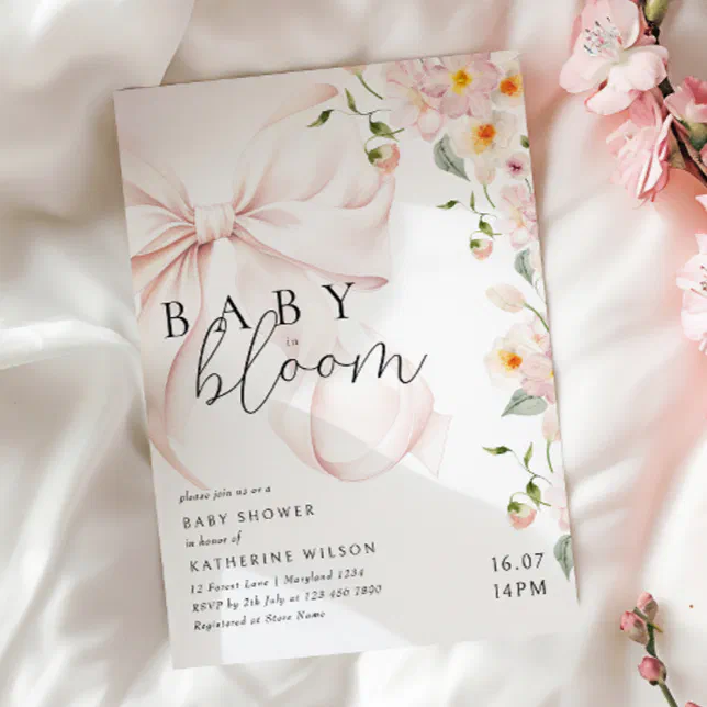 Baby In Bloom Soft Pink Bow Baby Shower Invitation | Zazzle