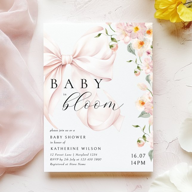 Baby In Bloom Soft Pink Bow Baby Shower Invitation (Creator Uploaded)