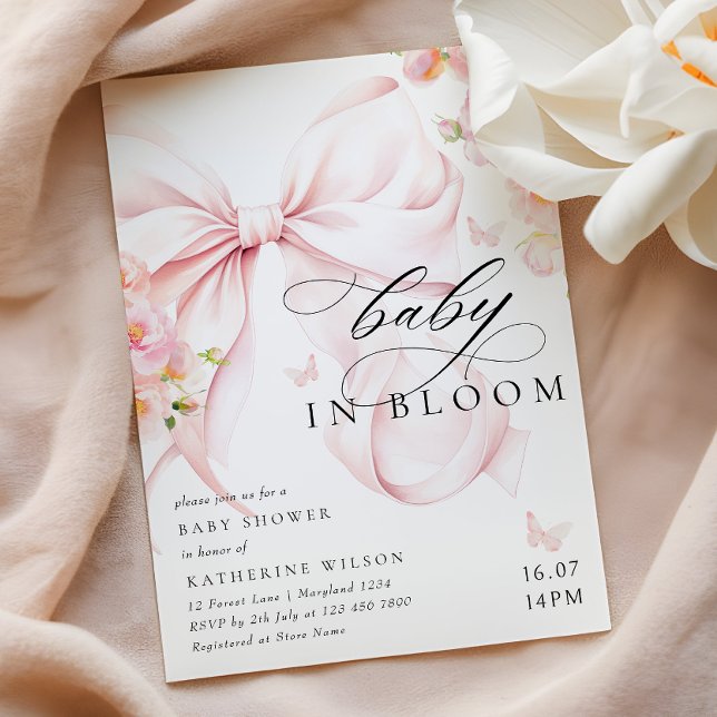 Baby In Bloom Soft Pink Bow Baby Shower Invitation (Creator Uploaded)