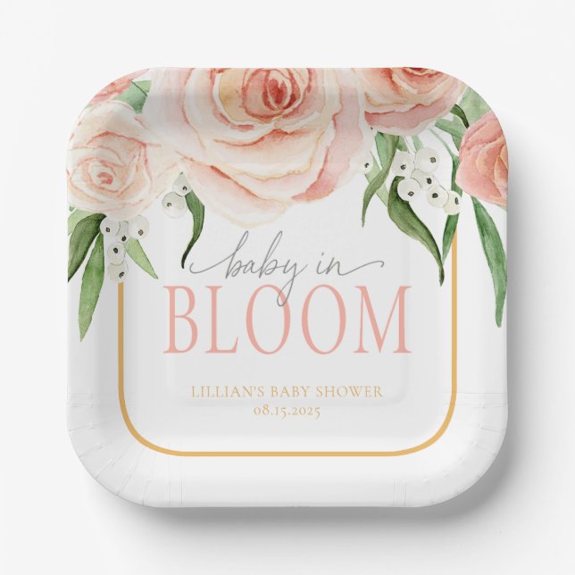 Baby In Bloom Soft Pink Rose Garden Baby Shower  Paper Plates (Front)