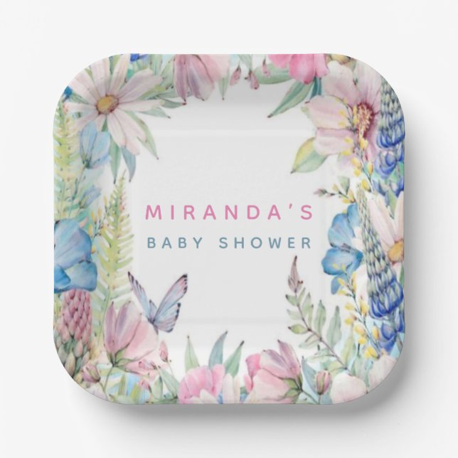 Baby In Bloom Soft Wildflowers Neutral Baby Shower Paper Plates (Front)