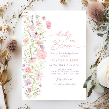 Baby In Bloom Spring Pink Wildflower Baby Shower Invitation by LittlePrintsParties at Zazzle