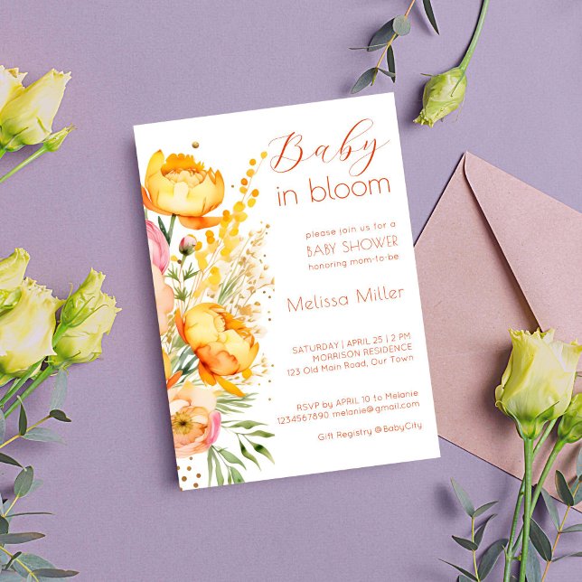Baby in bloom spring summer flowers baby shower invitation (Baby in bloom spring summer yellow flowers baby shower editable template invitation digital download)