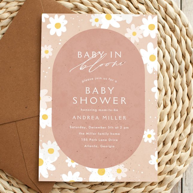 Baby in Bloom Taupe Daisies Baby Shower Invitation ("baby in bloom" baby shower invitation with daisies)